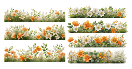 Vibrant Floral Borders with Delicate Flowers and Lush Greenery, Bundle Set Collection, Isolated on Transparent Background