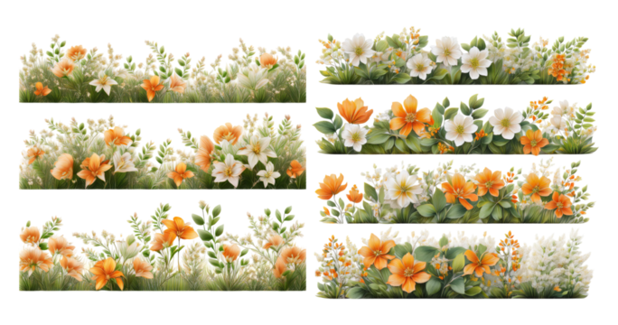 Vibrant Floral Borders with Delicate Flowers and Lush Greenery, Bundle Set Collection, Isolated on Transparent Background