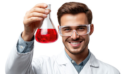 Scientist holding chemical flask: A focused scientist, donned in a pristine lab coat and protective eyewear, beams with pride as he examines a chemical flask filled with a vibrant red liquid.