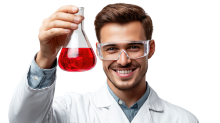 Scientist holding chemical flask: A focused scientist, donned in a pristine lab coat and protective eyewear, beams with pride as he examines a chemical flask filled with a vibrant red liquid.