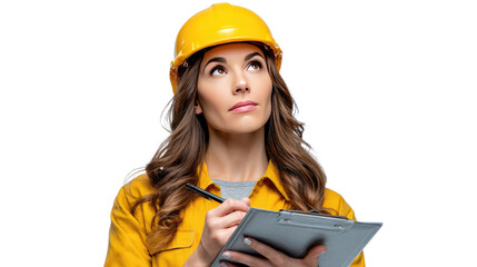 Construction Project Assessment: A focused female construction worker diligently reviews project plans, dressed in a vibrant yellow hard hat and attire.