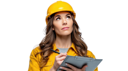 Construction Project Assessment: A focused female construction worker diligently reviews project plans, dressed in a vibrant yellow hard hat and attire.