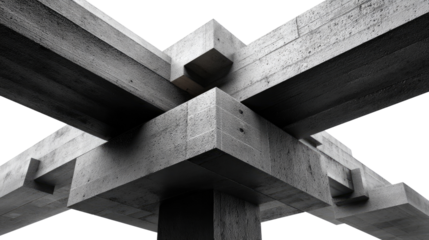 Geometric Concrete Intersection: An intriguing perspective showcasing a robust concrete structure's intricate interplay of beams and supports, exhibiting a modern architectural design.