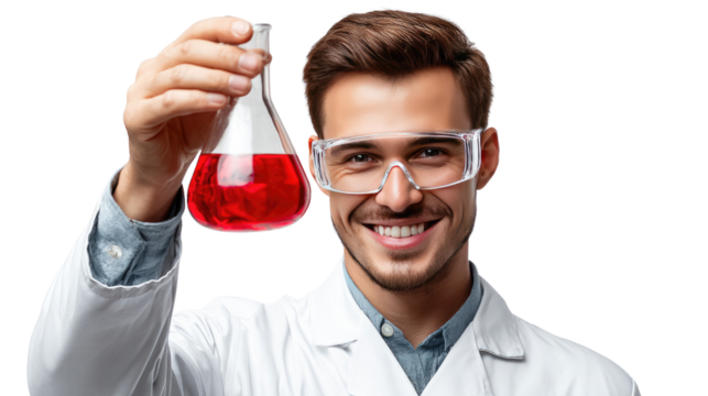 Scientist holding chemical flask: A focused scientist, donned in a pristine lab coat and protective eyewear, beams with pride as he examines a chemical flask filled with a vibrant red liquid. - Powered by Adobe