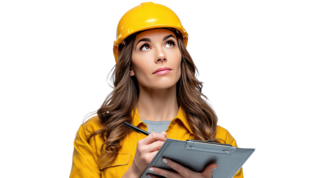 Construction Project Assessment: A focused female construction worker diligently reviews project plans, dressed in a vibrant yellow hard hat and attire.