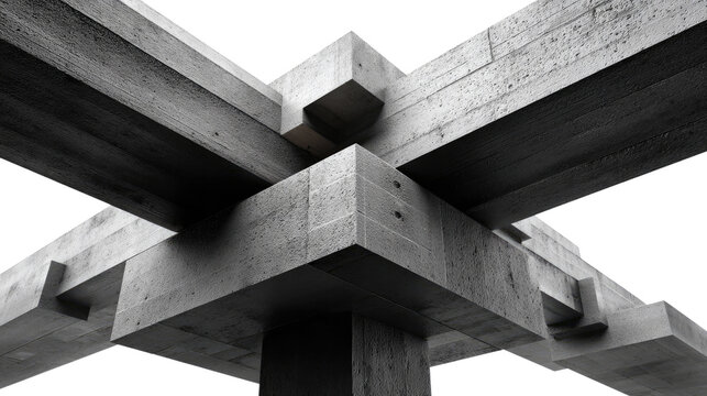 Geometric Concrete Intersection: An intriguing perspective showcasing a robust concrete structure's intricate interplay of beams and supports, exhibiting a modern architectural design.