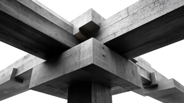 Geometric Concrete Intersection: An intriguing perspective showcasing a robust concrete structure's intricate interplay of beams and supports, exhibiting a modern architectural design. - Powered by Adobe