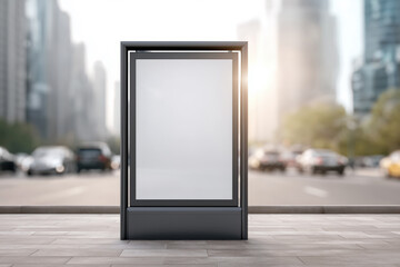 Blank vertical advertising billboard mockup at a modern bus stop on a busy urban street, with blurred cars and skyscrapers in the background