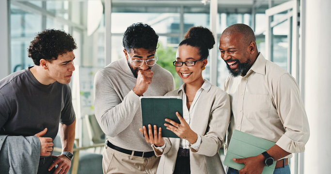 Excited, meeting and tablet with business people in office together for collaboration or update. App feedback, conversation and review with employee team in workplace for project management success - Powered by Adobe