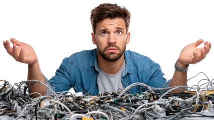 Tech Trouble: A man looks bewildered amidst a tangle of technology components, embodying the complexity and challenges of modern tech issues.