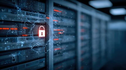 Digital Security Concept with Lock Symbol on Server Background in Data Center Environment Representing Cyber Protection and Safety