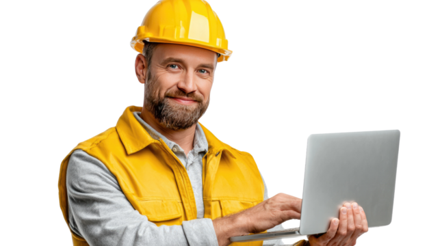 Construction Professional with Laptop: A confident construction worker, wearing a protective helmet and vest, intently uses a laptop.