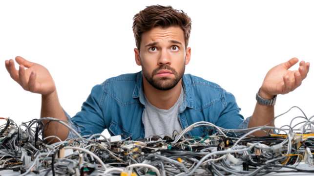 Tech Trouble: A man looks bewildered amidst a tangle of technology components, embodying the complexity and challenges of modern tech issues.