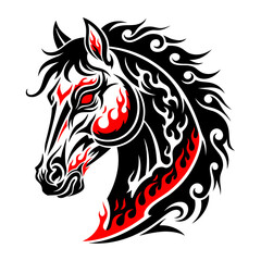 Fire Horse, symbol of 2026. Head of black horse with red fiery mane and tribal flame pattern. Vector illustration for tattoo design, sticker, t-shirt print