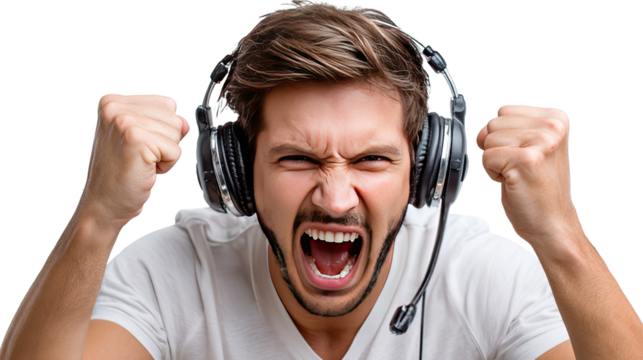 Rage Unleashed: An individual conveys unfiltered frustration, head bowed in anger, revealing intense emotion, and the headphones.
