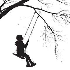 Black Child on Swing Silhouette Vector, High Quality Illustration on White Background