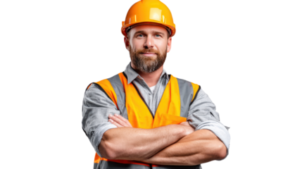 Confident Construction Worker: A skilled construction worker, radiating professionalism, stands with crossed arms. wearing a hard hat and safety vest, ready to oversee the project