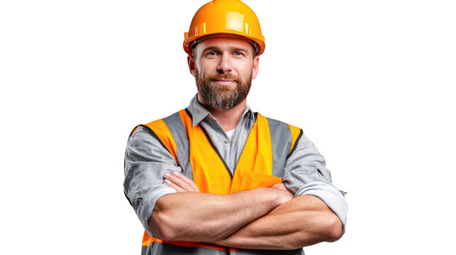 Confident Construction Worker: A skilled construction worker, radiating professionalism, stands with crossed arms. wearing a hard hat and safety vest, ready to oversee the project - Powered by Adobe