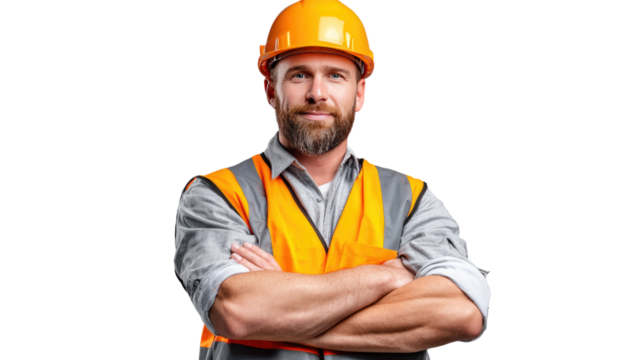 Confident Construction Worker: A skilled construction worker, radiating professionalism, stands with crossed arms. wearing a hard hat and safety vest, ready to oversee the project