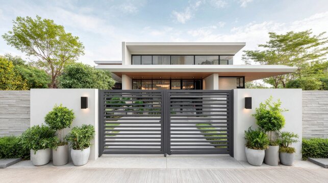 Modern home exterior with a gated entrance and lush landscaping under a blue sky