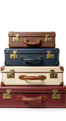 Stack of vintage suitcases in various colors and sizes arranged vertically on a white background, symbolizing travel and adventure