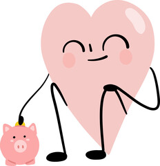 illustration of heart character put moneyin a piggy bank