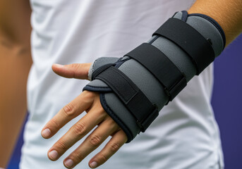 Close up of an adult wearing a black and gray wrist brace on the right hand for injury support and recovery outdoors