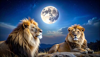 Majestic Lions Under the Moonlit Sky - A Nighttime Encounter.