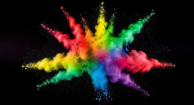 Explosion of vibrant rainbow colors against a stark black backdrop, creating a dynamic and eye-catching visual.