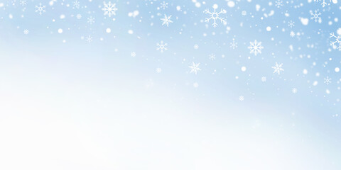 Blue sky. White snowflakes and snow falling. Christmas and New Year background.