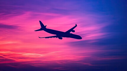 Silhouette of airplane airliner flying across a vivid twilight sky with gradient tones of purple, pink, and blue, creating a dreamy travel concept