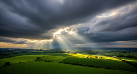 Dramatic Sunbeams Pierce Through Storm Clouds Over Rolling Green Fields.