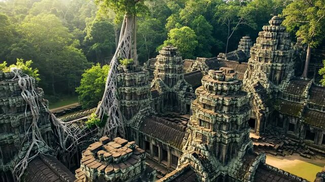 Aerial View of Ancient Ta Prohm Temple Ruins in Angkor, Cambodia, with Lush Jungle Overgrowth and Historical Architecture.