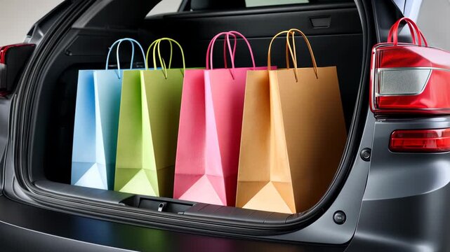 Colorful paper bags neatly organized in the trunk of a car after a shopping trip in a city during the afternoon