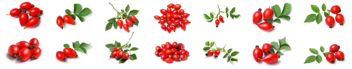 Collage of fresh rose heap berries on white background