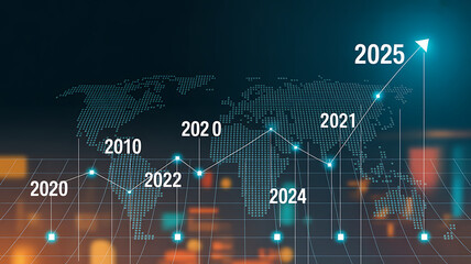 Dynamic global growth forecast chart showing upward trend from 2010 to 2025 with world map overlay