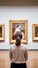 Woman standing in art gallery looking at framed paintings on the wall.
