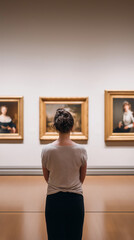 Young woman observing classic paintings in art gallery interior.
