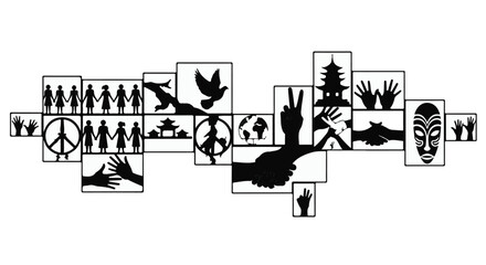 Collage of diverse symbols promoting peace, unity, and global connection through hands and figures.