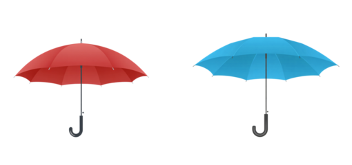 Two colorful umbrellas red and blue on a black studio background shot on transparent background