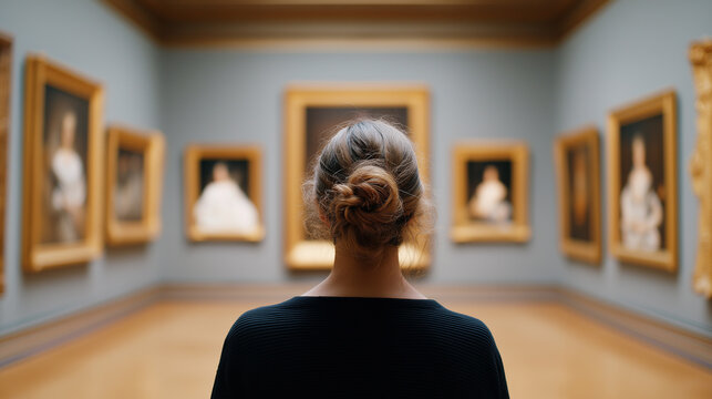Young woman observing classic paintings in art gallery interior.
