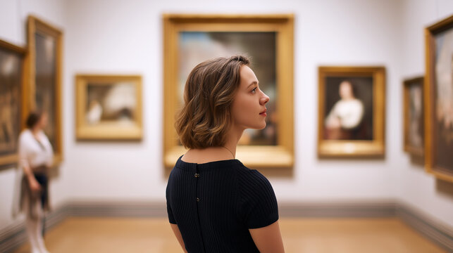 Young woman observing classic paintings in art gallery interior.
