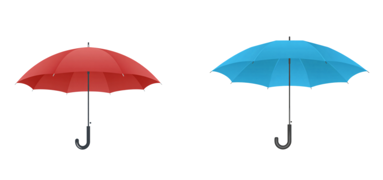 Two colorful umbrellas red and blue on a black studio background shot on transparent background
