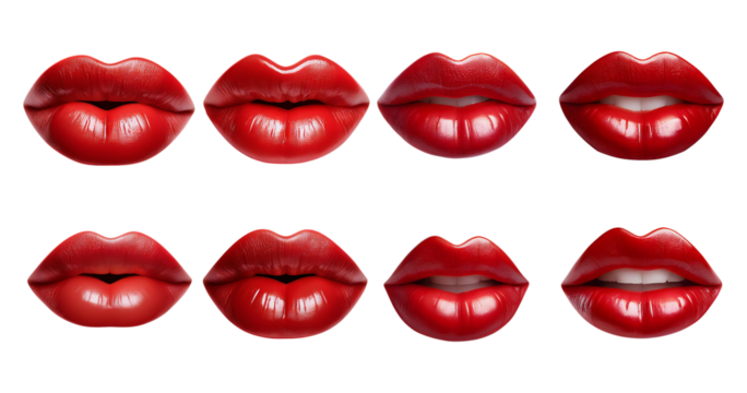Various Styles of Red Lips with Glossy Finish for Beauty Designs, Bundle Set Collection, Isolated on Transparent Background