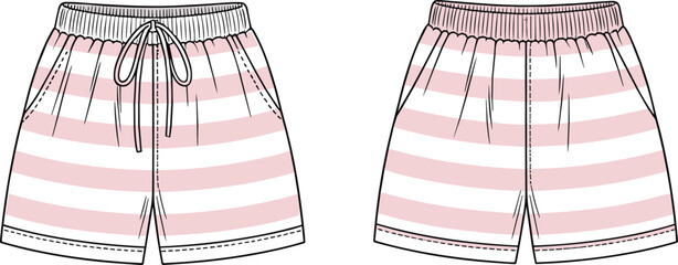Flat sketch of striped shorts front view with drawstring and elastic waistband comparison, fashion vector illustration for apparel stock content