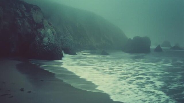 Dramatic misty coastal scene with crashing ocean waves on a rugged beach under a foggy sky, evoking mystery and solitude.