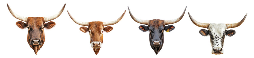 Naklejka premium Diverse Cattle Headshots Displaying Unique Horn Shapes and Colors