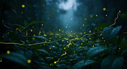 Enchanting Night Scene - Fireflies Illuminate a Lush Forest Floor.