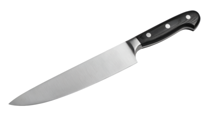 Professional chef's knife with sharp steel blade and elegant dark wood handle, perfect for culinary precision and kitchen mastery isolated on white or transparent png.