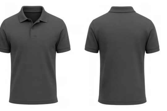 Gray polo shirt mockup showing front and back views for branding and apparel design with transparent background